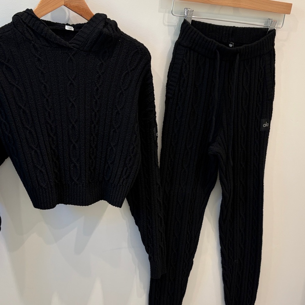 ALO Yoga Black Cable Knit Hoodie & Jogger Set